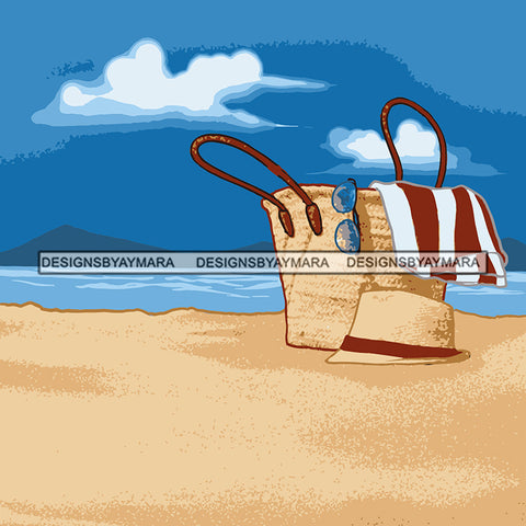 Beach Sand Bag Ocean Water Towel Clouds Nature Relaxing Vector Designs For T-Shirt and Other Products SVG PNG JPG Cut Files For Silhouette Cricut and More!