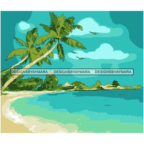 Beach Paint Palm Tree Mountains Water Sand Nature Sky Vector Designs For T-Shirt and Other Products SVG PNG JPG Cut Files For Silhouette Cricut and More!