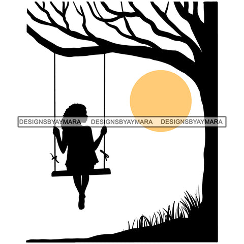 Girl Swinging Tree Sun Relaxing Nature Meditation Vector Designs For T-Shirt and Other Products SVG PNG JPG Cut Files For Silhouette Cricut and More!