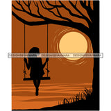 Girl Swinging Tree Moon Relaxing Nature Meditation Vector Designs For T-Shirt and Other Products SVG PNG JPG Cut Files For Silhouette Cricut and More!