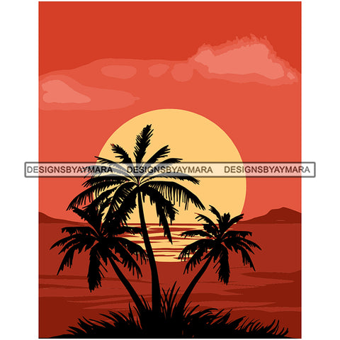 Sunset Red Sky Palm Tree Nature God Blessings Beach Water Shadow Vector Designs For T-Shirt and Other Products SVG PNG JPG Cut Files For Silhouette Cricut and More!