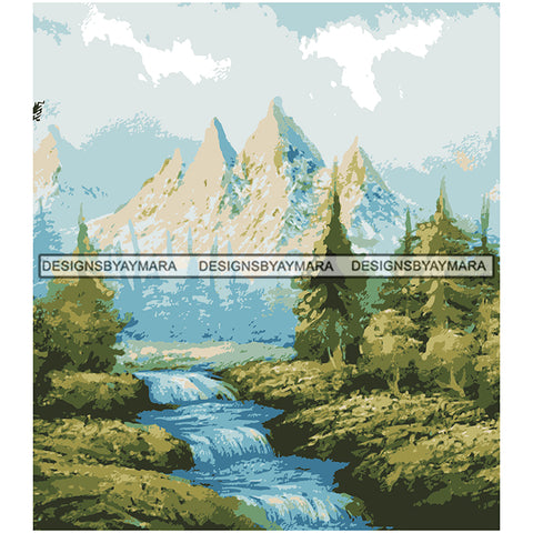 Paint Nature Valley River Waterfall Tree Nature Pines Tree Mountain Vector Designs For T-Shirt and Other Products SVG PNG JPG Cut Files For Silhouette Cricut and More!