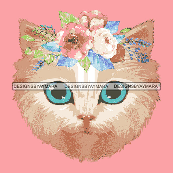 Cute Kitty Cat Face Flower Female Domestic Animal Mammal Vector Designs For T-Shirt and Other Products SVG PNG JPG Cut Files For Silhouette Cricut and More!