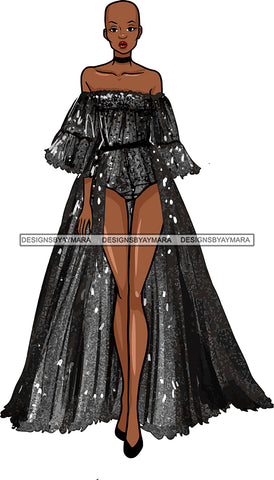 Afro Black Model Fashion Woman Posing Fancy Gown Dress Vogue Goddess Glamour Trendy Clothing Bald Hair Style SVG Cutting Files For Silhouette Cricut More