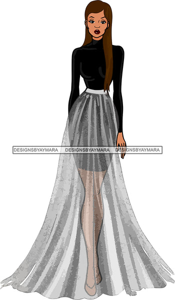 Afro Black Model Fashion Woman Posing Fancy Gown Dress Vogue Goddess Glamour Trendy Clothing Straight Hair Style SVG Cutting Files For Silhouette Cricut More