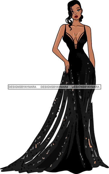 Afro Black Model Fashion Woman Posing Fancy Gown Dress Vogue Goddess Glamour Trendy Clothing Up Do Hair Style SVG Cutting Files For Silhouette Cricut More