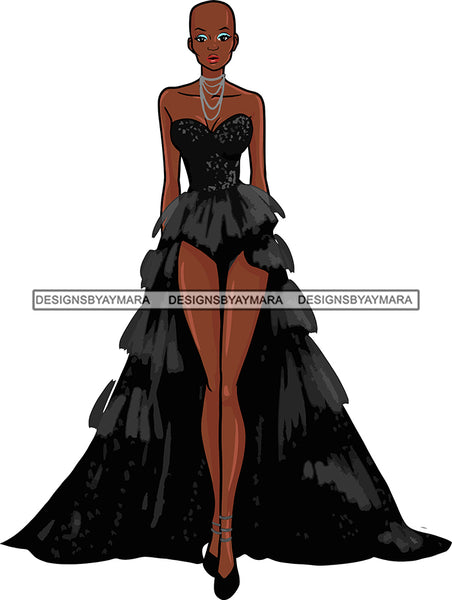 Afro Black Model Fashion Woman Posing Fancy Gown Dress Vogue Goddess Glamour Trendy Clothing Bald Hair Style SVG Cutting Files For Silhouette Cricut More