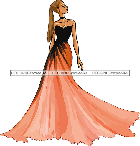 Model Fashion Woman Posing Fancy Gown Dress Vogue Goddess Glamour Trendy Clothing  Ponytail Hair Style SVG Cutting Files For Silhouette Cricut More