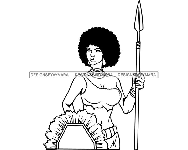 Afro Woman Warrior Medieval Bow Arch Weapon Archer Character Ancient Afro Hairstyle B/W SVG Cutting Files Silhouette Cricut