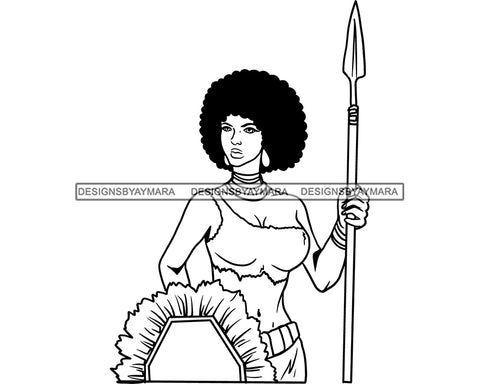 Afro Woman Warrior Medieval Bow Arch Weapon Archer Character Ancient Afro Hairstyle B/W SVG Cutting Files Silhouette Cricut