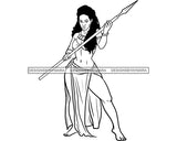 Afro Woman Warrior Medieval Bow Arch Weapon Archer Character Ancient Long Curly Hairstyle B/W SVG Cutting Files Silhouette Cricut