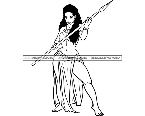 Afro Woman Warrior Medieval Bow Arch Weapon Archer Character Ancient Long Curly Hairstyle B/W SVG Cutting Files Silhouette Cricut