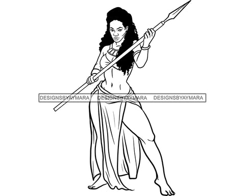 Afro Woman Warrior Medieval Bow Arch Weapon Archer Character Ancient Long Curly Hairstyle B/W SVG Cutting Files Silhouette Cricut