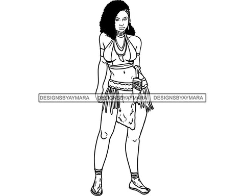 Afro Woman Warrior Medieval Bow Arch Weapon Archer Character Ancient Curly Hairstyle B/W SVG Cutting Files Silhouette Cricut