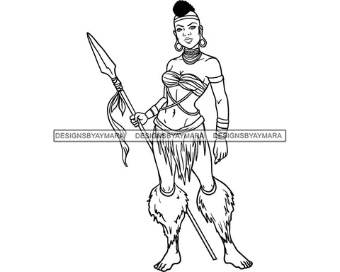 Afro Woman Warrior Medieval Bow Arch Weapon Archer Character Ancient Mohawk Hairstyle B/W SVG Cutting Files Silhouette Cricut