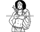 Afro Woman Warrior Medieval Bow Arch Weapon Archer Character Ancient Afro Hairstyle B/W SVG Cutting Files Silhouette Cricut