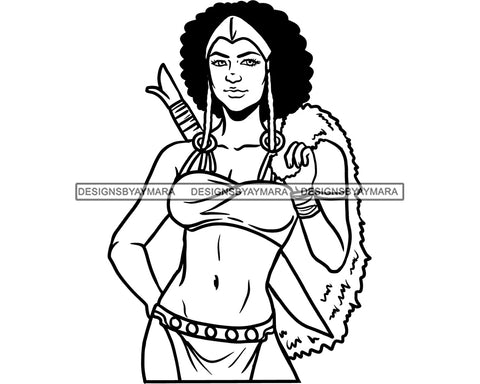 Afro Woman Warrior Medieval Bow Arch Weapon Archer Character Ancient Afro Hairstyle B/W SVG Cutting Files Silhouette Cricut