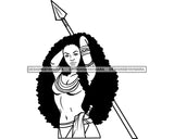 Afro Woman Warrior Medieval Bow Arch Weapon Archer Character Ancient Long Puffy Curly Hairstyle B/W SVG Cutting Files Silhouette Cricut