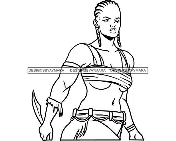 Afro Woman Warrior Medieval Bow Arch Weapon Archer Character Ancient Cornrows Braids Hairstyle B/W SVG Cutting Files Silhouette Cricut