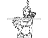 Afro Woman Warrior Medieval Bow Arch Weapon Archer Character Ancient Turban B/W SVG Cutting Files Silhouette Cricut