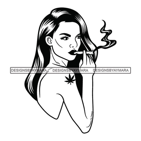 Sexy Girl Portrait Smoking Joint Cannabis Hemp Marijuana Leaf Tattoo Arm B/W SVG JPG PNG Vector Clipart Cricut Silhouette Cut Cutting