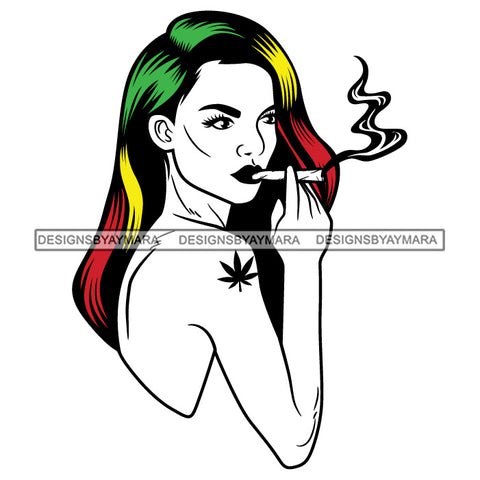 Sexy Girl Portrait Smoking Joint Leaf Tattoo Arm Rastafarian Long Straight Hairstyle SVG JPG PNG Vector Clipart Cricut Silhouette Cut Cutting
