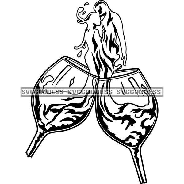 Man Woman Silhouette Wine Glasses Together Romantic Drinking Anniversary B/W SVG JPG PNG Vector Clipart Cricut Silhouette Cut Cutting