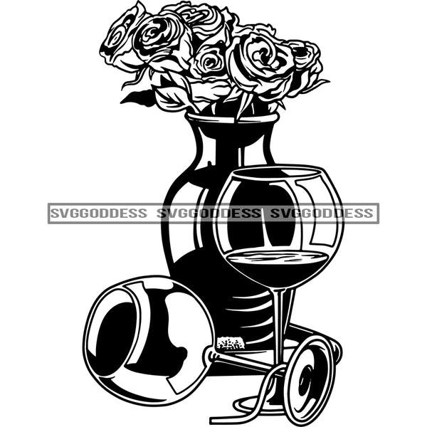 Wine Glasses Vase Roses Romantic Event Drinking Relax Anniversary Birthday B/W SVG JPG PNG Vector Clipart Cricut Silhouette Cut Cutting