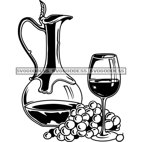 Wine Glass Carafe Grapes Romantic Event Drinking Relax Anniversary Birthday B/W SVG JPG PNG Vector Clipart Cricut Silhouette Cut Cutting