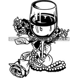 Wine Glass Rose Pearl Necklace Romantic Event Drinking Anniversary Birthday B/W SVG JPG PNG Vector Clipart Cricut Silhouette Cut Cutting