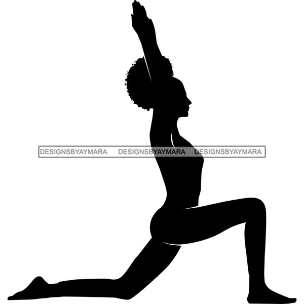 Afro Woman Silhouette Working Out Stretching Fitness Yoga Pose Trendy Fashion Gym B/W SVG PNG JPG Cutting Files For Silhouette Cricut