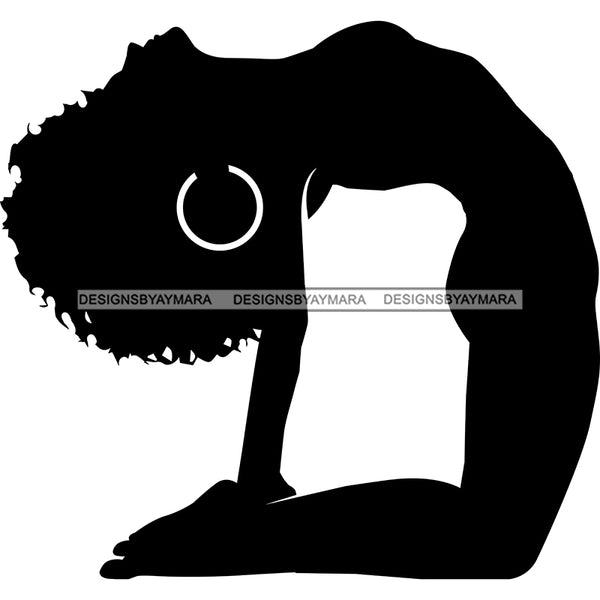 Afro Woman Silhouette Working Out Stretching Fitness Yoga Pose Trendy Gym B/W SVG PNG JPG Cutting Files For Silhouette Cricut