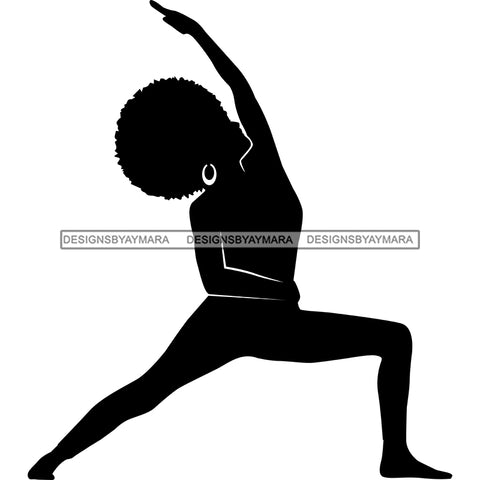 Afro Woman Silhouette Working Out Stretching Fitness Yoga Pose Trendy Fashion Gym B/W SVG PNG JPG Cutting Files For Silhouette Cricut