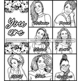 Seven Beautiful Afro Mature Women Bundle You Are Blessed Life Quotes Roses Sistas Melanin Nubian B/W SVG JPG PNG Vector Clipart Cricut Silhouette Cut Cutting