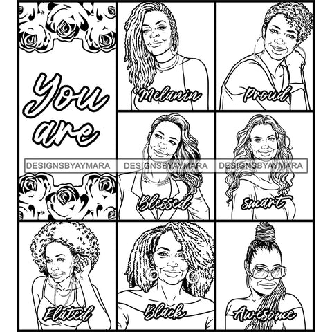 Seven Beautiful Afro Mature Women Bundle You Are Blessed Life Quotes Roses Sistas Melanin Nubian B/W SVG JPG PNG Vector Clipart Cricut Silhouette Cut Cutting