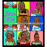 Seven Beautiful Afro Mature Women Bundle You Are Blessed Life Quotes Roses Sistas Melanin Nubian SVG JPG PNG Vector Clipart Cricut Silhouette Cut Cutting