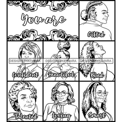 Seven Beautiful Afro Mature Women Bundle You Are Gifted Life Quotes Roses Sistas Melanin Nubian B/W SVG JPG PNG Vector Clipart Cricut Silhouette Cut Cutting