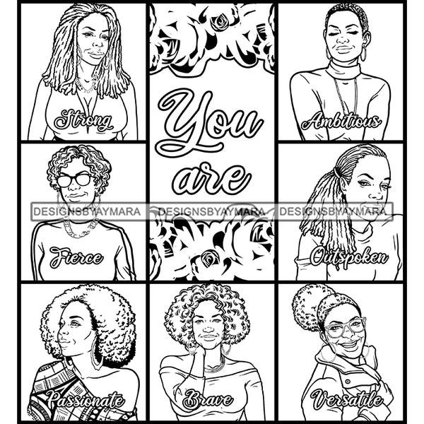 Seven Beautiful Afro Mature Women Bundle You Are Versatile Life Quotes Roses Sistas Melanin Nubian B/W SVG JPG PNG Vector Clipart Cricut Silhouette Cut Cutting