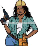 Afro Black Handy Woman Carpenter Apron Drill Hard Hat Bamboo Earrings Curly Hair Style SVG Cutting Files For Silhouette and Cricut