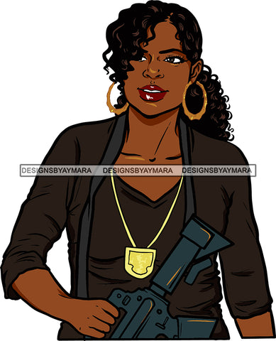 Black Woman Afro Police Officer Boss Lady Holster Portrait Strong Sexy Woman Bamboo Hoop Earrings Pony Tail Hair Style  SVG Cutting Files For Silhouette  Cricut