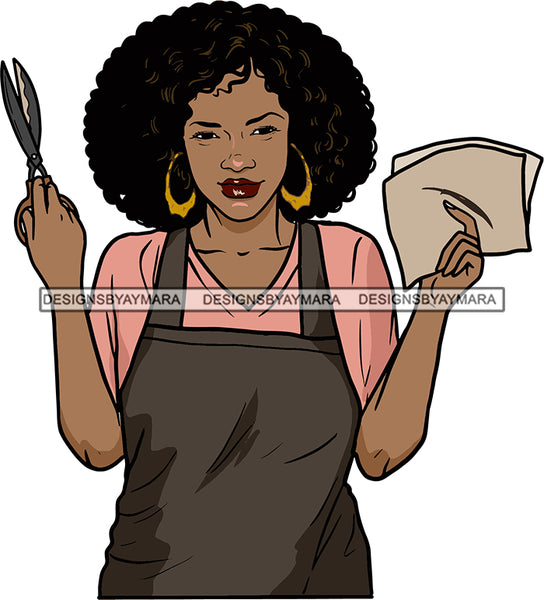 Afro Black Woman Seamstress Tailor Dressmaker Clothier Scissors Worker Bamboo Hoop Earrings Afro Hair Style SVG Cutting Files For Silhouette and Cricut