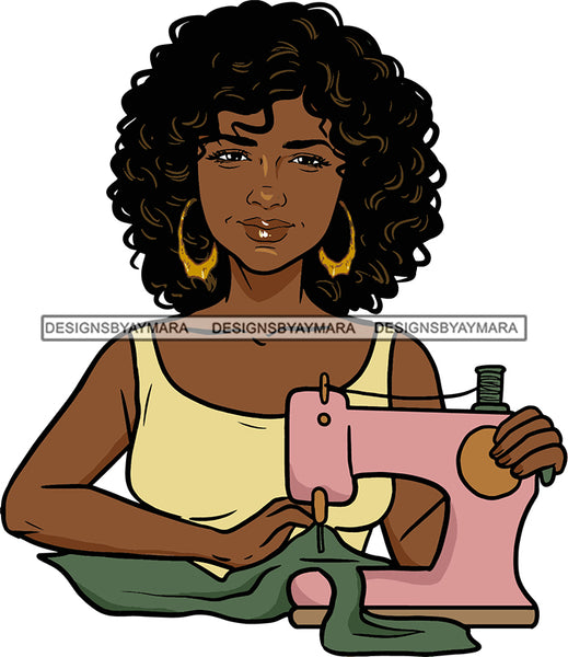 Afro Black Woman Seamstress Tailor Dressmaker Clothier Scissors Worker Bamboo Hoop Earrings Afro Hair Style SVG Cutting Files For Silhouette and Cricut