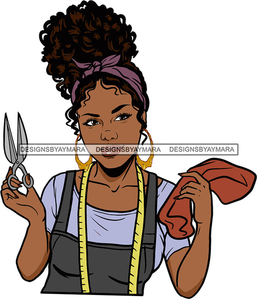 Afro Black Woman Seamstress Tailor Dressmaker Clothier Scissors Worker Bamboo Hoop Earrings Up Do Hair Style SVG Cutting Files For Silhouette and Cricut