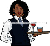 Afro Black Woman Cocktail Waitress Server Beverage Food Service Bamboo Hoop Earrings Afro Hair Style SVG Cutting Files For Silhouette and Cricut