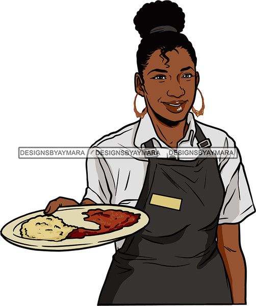 Afro Black Woman Cocktail Waitress Server Beverage Food Service Bamboo Hoop Earrings Up Do Hair Style SVG Cutting Files For Silhouette and Cricut