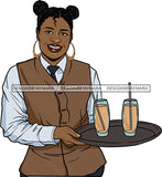 Afro Black Woman Cocktail Waitress Server Beverage Food Service Bamboo Hoop Earrings Banku Knots Hair Style SVG Cutting Files For Silhouette and Cricut