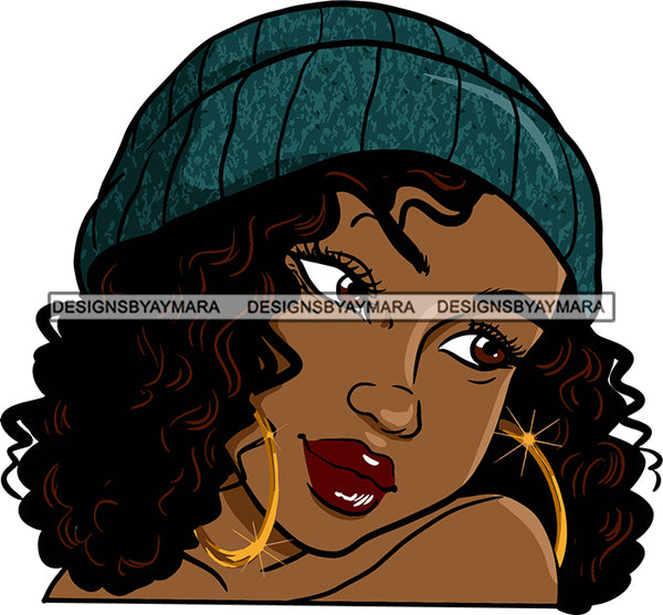 Afro Urban Street Black Girls Babe Bamboo Hoop Earrings Sexy  Cap Hat Beanie Curly Hair Style  SVG Cutting Files For Silhouette Cricut
