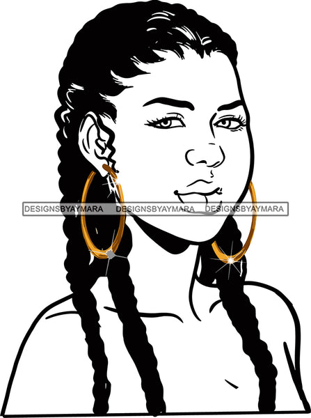 Afro Urban Street Girls Babe Bamboo Hoop Earrings Sexy Corn Row Braids Hair Style B/W SVG Cutting Files For Silhouette Cricut