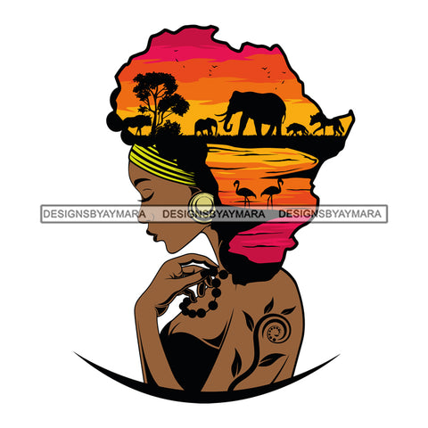 African American Woman Goddess Beautiful Safari Savanna Africa Continent  Tattoo Profile SVG Cutting Files For Silhouette Cricut