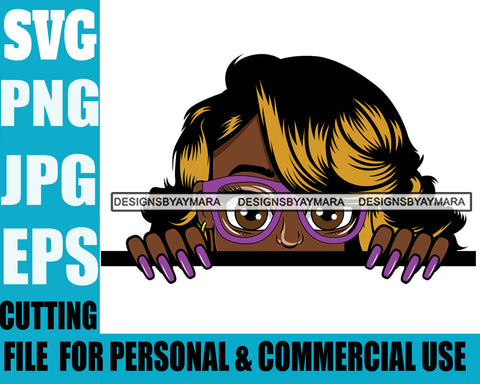 Afro Lili Black Girl Woman Peeking Peekaboo Glasses Nails Nubian Queen Melanin Curly Hair Style Personal & Commercial Use SVG Cutting Files For Silhouette Cricut More